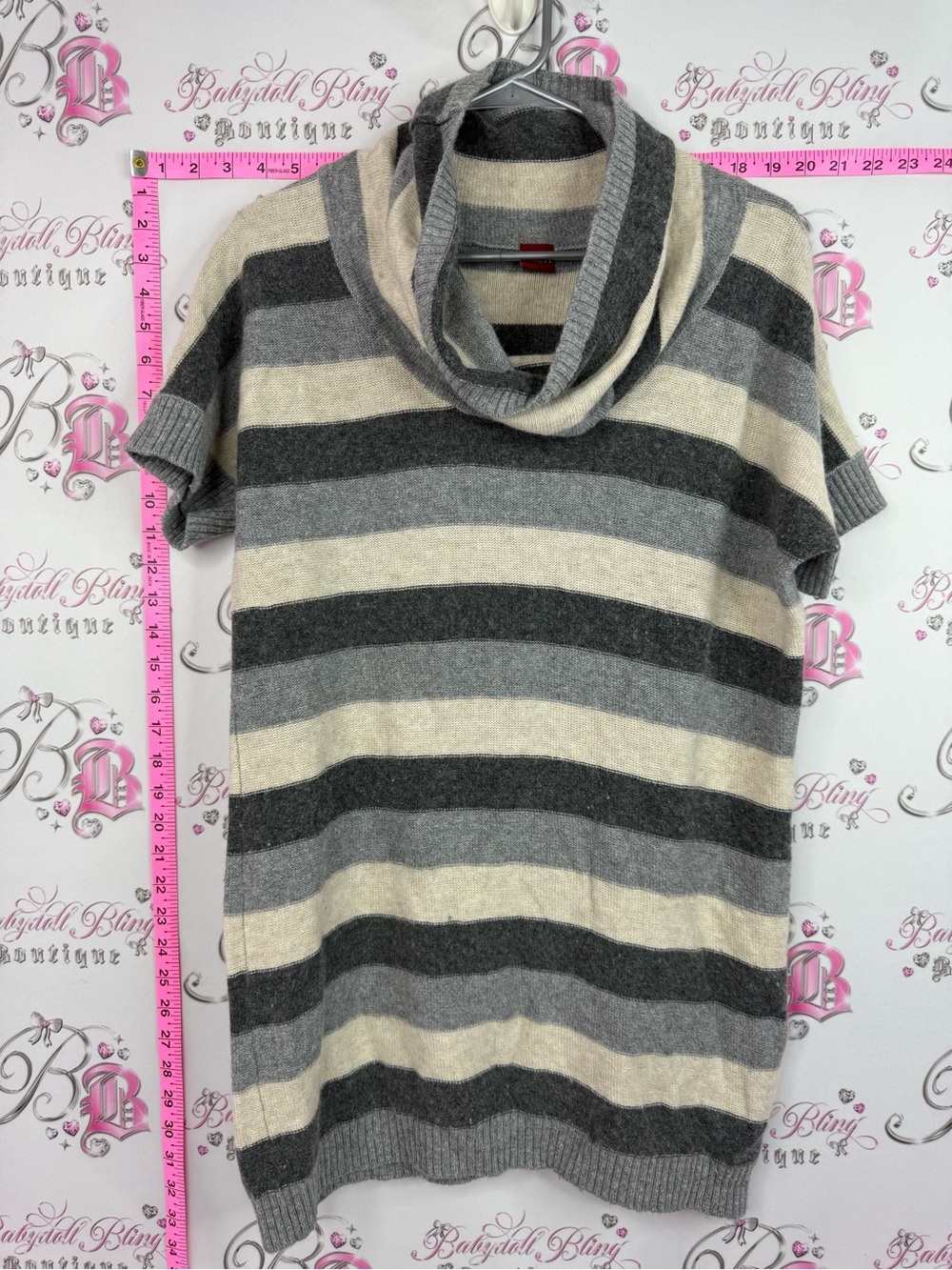 Olsen sweater top Cowl Neck Short-Sleeve Striped Sweater Tee - Gray & Cream